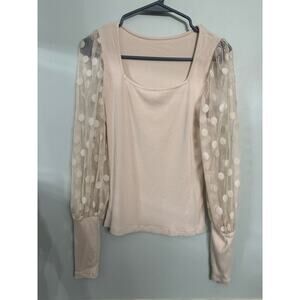 Cream Ribbed Knit Top with Sheer Polka Dot Mesh Sleeves Size Medium